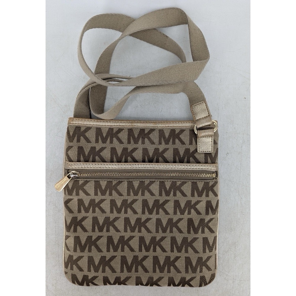 Michael‎ Kors Signature Monogram Crossbody Bag Brown Jacquard Gold Hardware